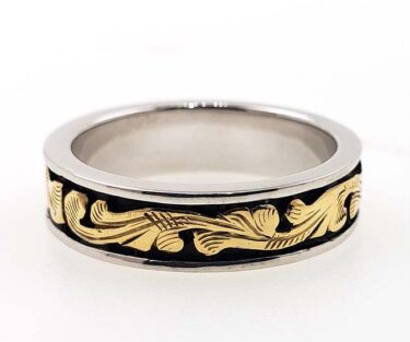 3mm Band Width Mens Ring with Antiqued Gold Scroll