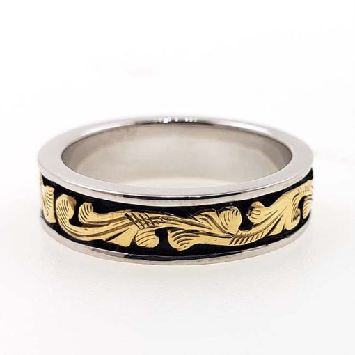 3mm Band Width Mens Ring with Antiqued Gold Scroll