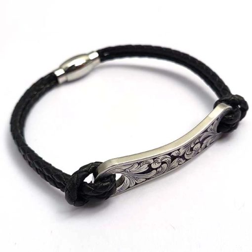 Mens Ladies Leather Engraved String Bar Bracelet with Personalised Engraved Coordinates Customized Gift for