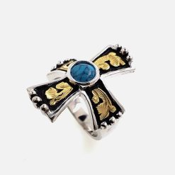 Turquoise Stone Cross Beaded Ring